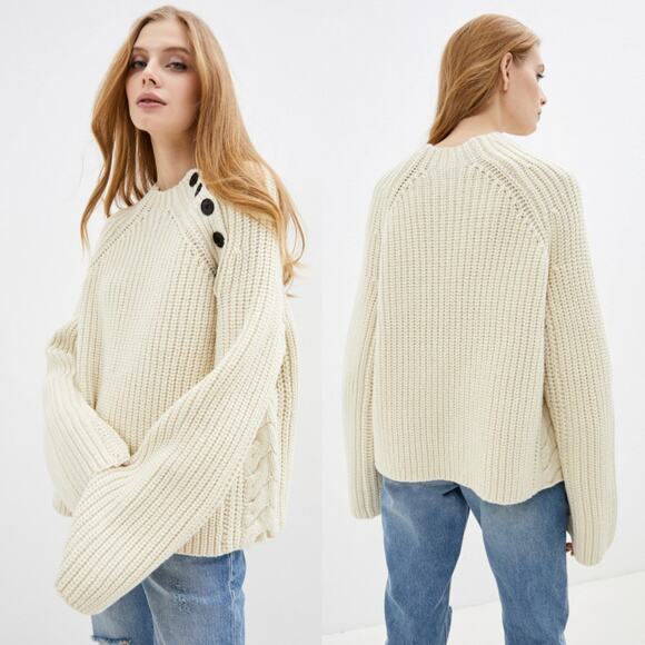 Zadig & Voltaire Défilé Colette Oversized Chunky Wool Knit Button Neck Sweater - Picture 3 of 13